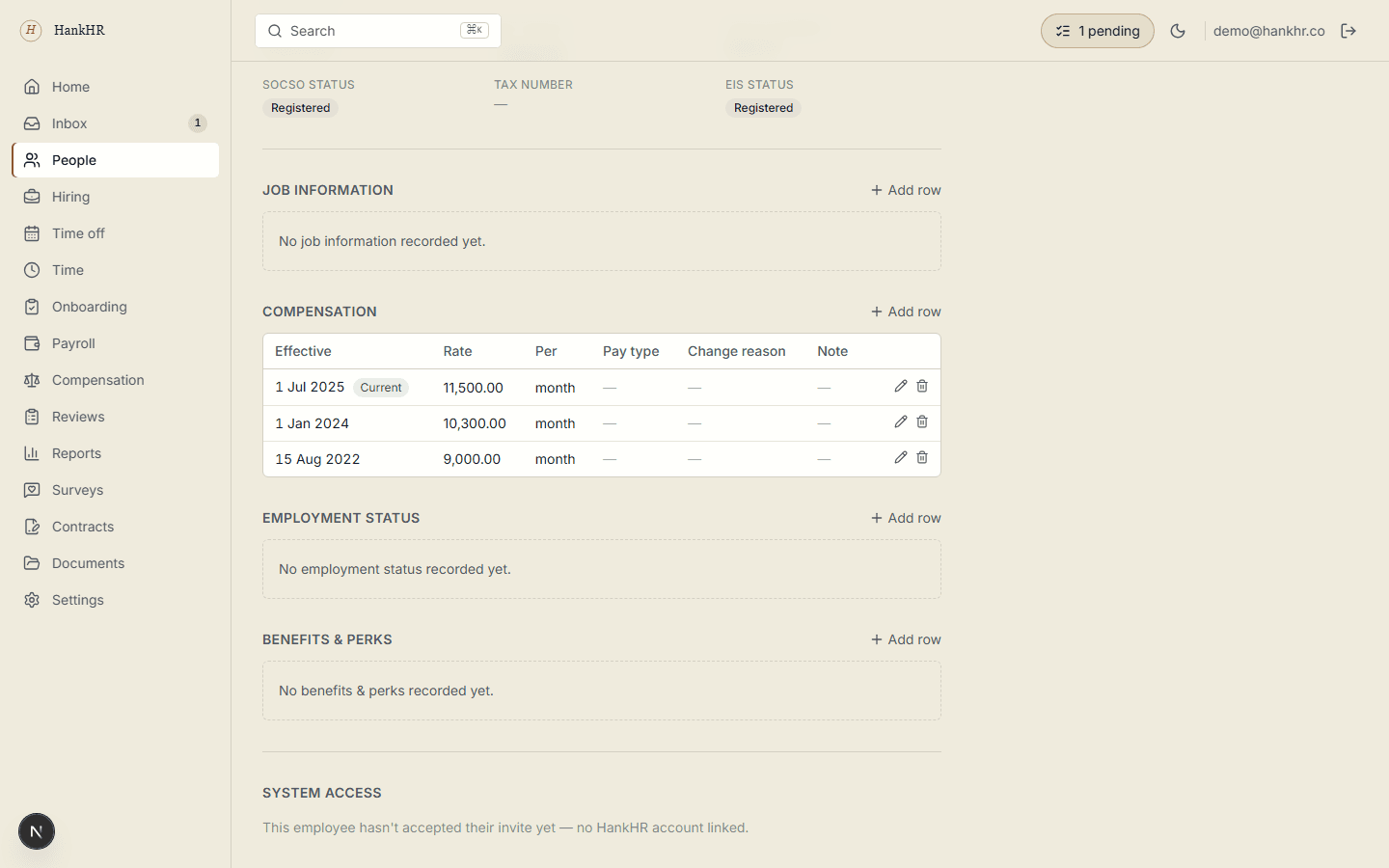 The Job tab: effective-dated employment and compensation history — every change a row in time, every row reportable.