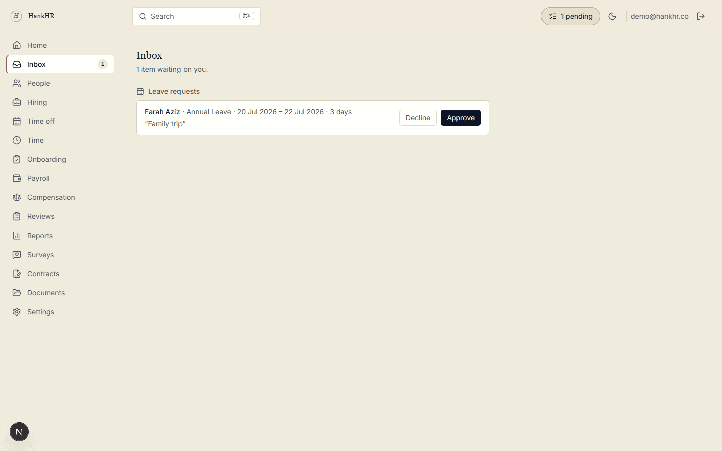 The Inbox: approvals in two clicks.
