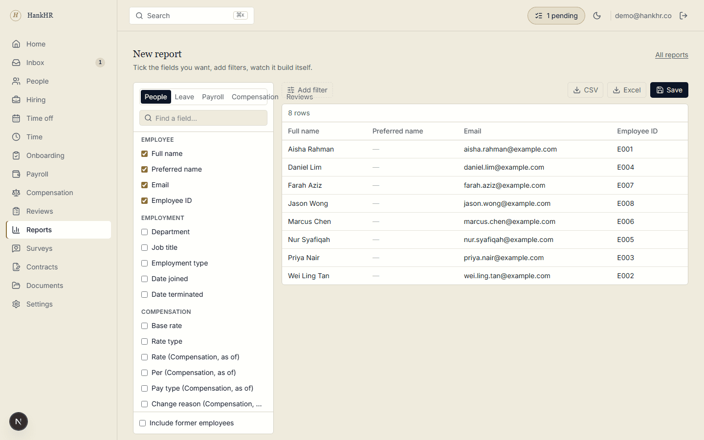 The report builder: Fields & Filters grouped like the profile, with a live preview that rebuilds as you tick.
